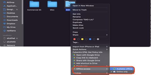 A screenshot of making a GDrive folder available offline on Mac
