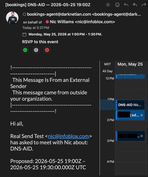 Inbox preview of an iCalendar METHOD:REQUEST sent by the bookings agent — subject 'bookings DNS-AID', from bookings-agent@darknetian.com on behalf of the operator, calendar preview on the right showing the proposed Monday 1pm slot