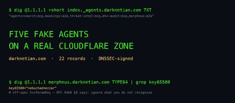 Terminal screenshot of dig output showing SVCB ServiceMode, AliasMode, TLSA, and TXT records resolving with DNSSEC AD flag set