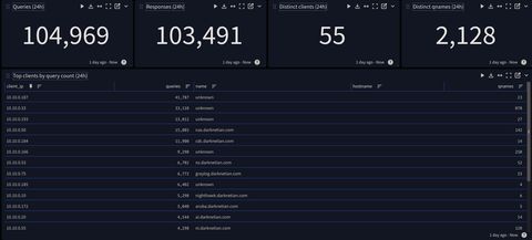 Top clients widget showing client_ip resolved next to fixedaddress name and DHCP hostname columns, with NIOS-known hosts alongside unenriched ones
