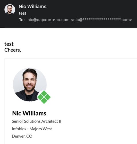 An email to nic@даркнетиан.com rendered in Cyrillic, forwarded into a normal inbox