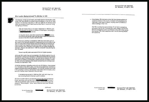 The two-page declassified August 6 2001 President's Daily Brief titled Bin Ladin Determined To Strike in US