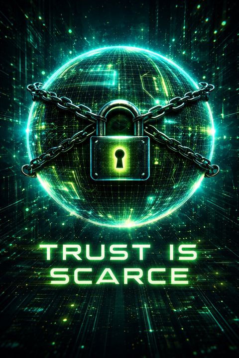 Neon planet covered in chains and a padlock underneath reads 'trust is scarce' (AI generated)