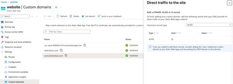 A screenshot of Azure Static Web App custom domains