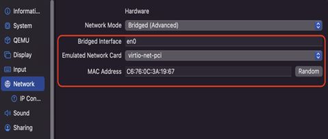 A screenshot of the network settings of a VM