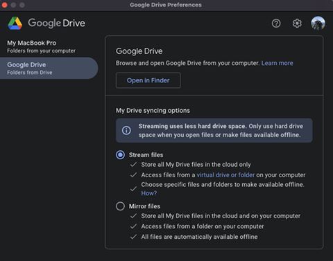 A screenshot of configuring Mac GDrive app to stream