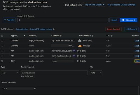 A screenshot of Cloudflare domain record console