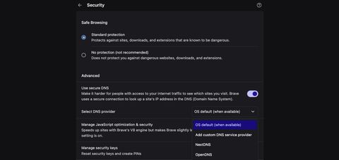 Secure DNS configuration menu in Brave browser settings