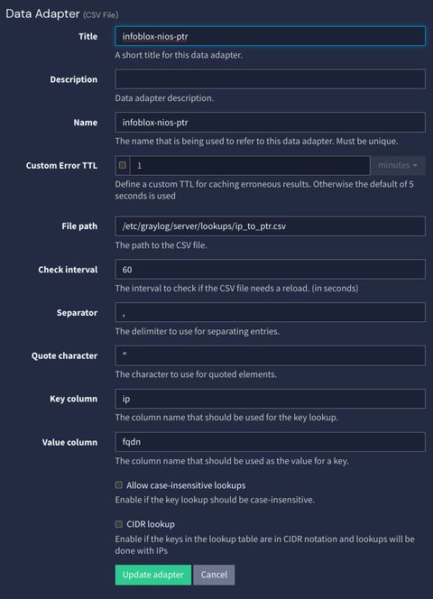 A screenshot of the adapter config