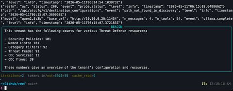 Terminal output of BEACON summarizing an Infoblox Threat Defense tenant with counts of policies, named lists, and feeds