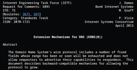 Cover page of RFC 6891 — "Extension Mechanisms for DNS (EDNS(0))" by Damas, Graff, and Vixie, April 2013 — the foundational standards-track document the agent-hint work builds on